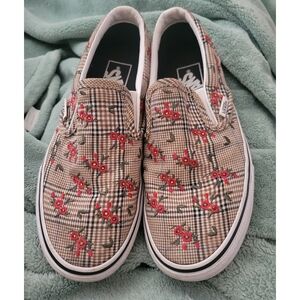 Vans Checkered Slip-On Shoes with Floral Design Embroidered Size 6 Womems Tan